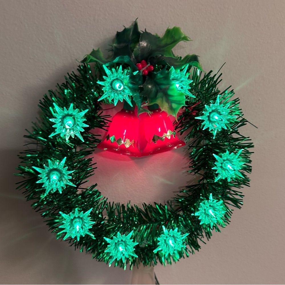 Vintage Green and Red Holiday Wreath with Bells Christmas Tree Topper
